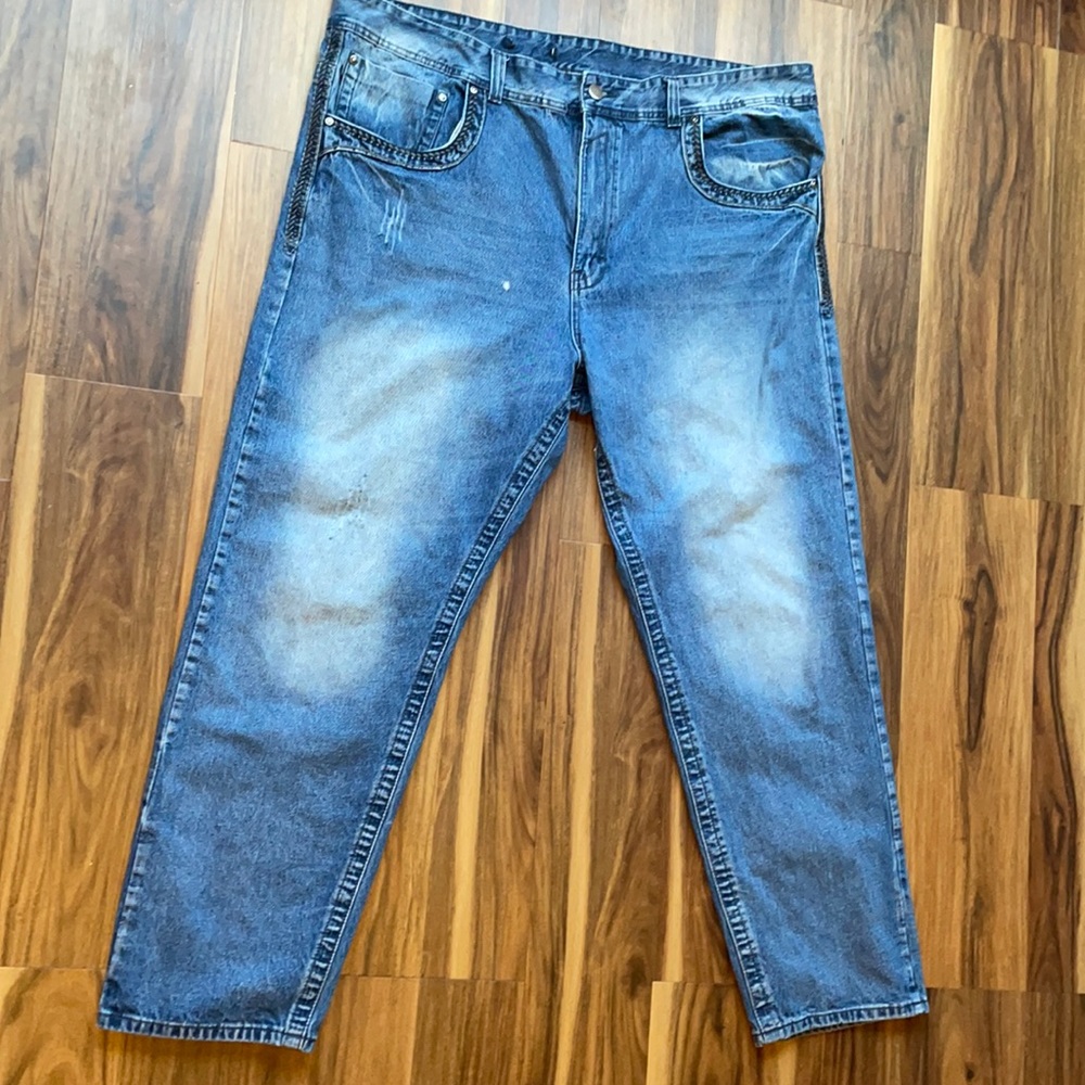 GS115 Denim Blue Jeans waist 48 worn POCKETS zipper Casual Trendy Man Men Loops
